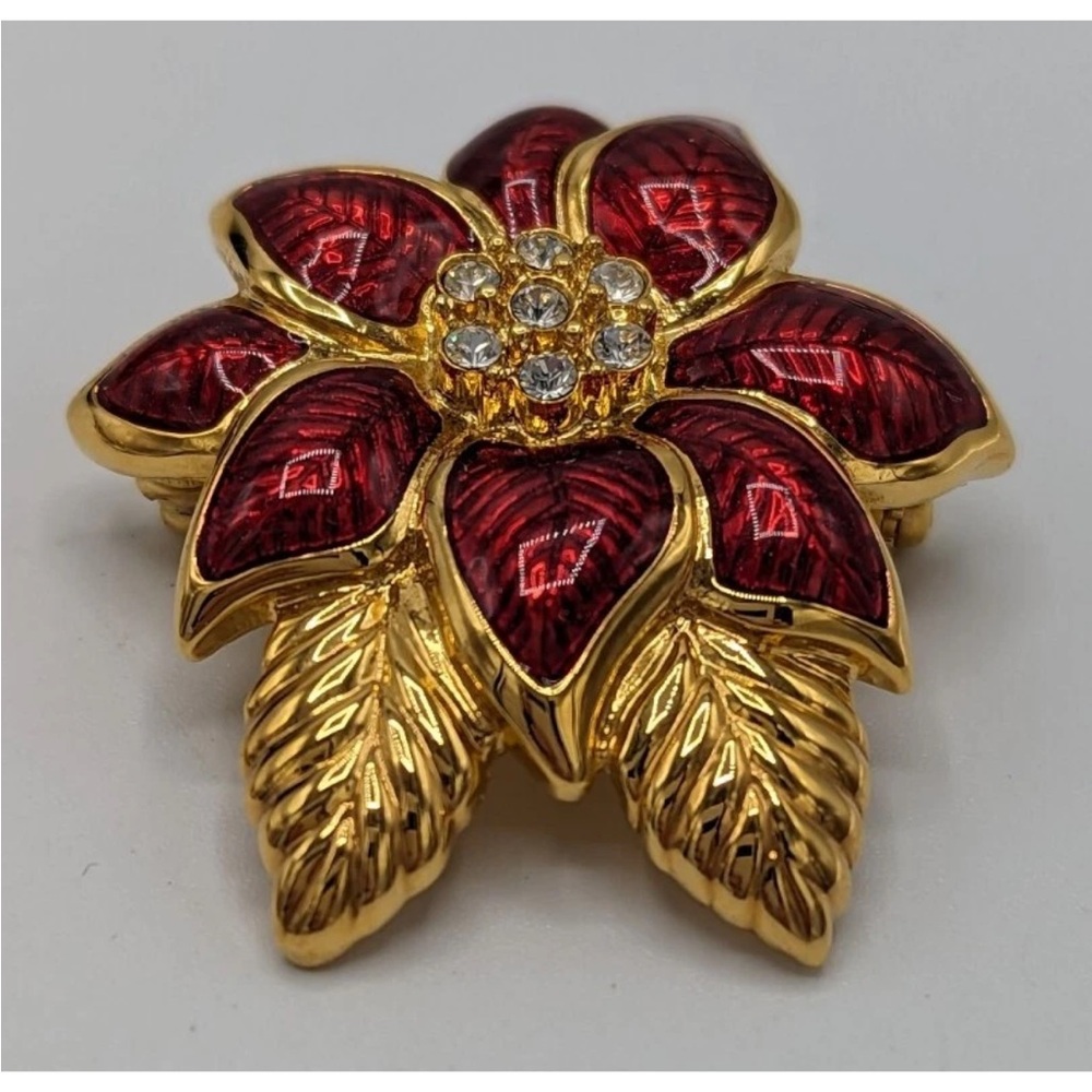 Monet Red and Gold Rhinestone Poinsettia Brooch - Picture 3 of 10